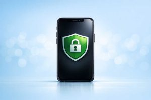 Smartphone mit grünem Schild und weißem Schloss auf dem Display vor hellem blauen Hintergrund – symbolisiert digitale Sicherheit und Datensparsamkeit.