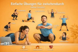 Illustration verschiedener einfacher Fitnessübungen ohne Geräte auf hellem orangenen Hintergrund, mit Personen in Plank-, Squat-, Lunge- und Jumping‑Jack‑Positionen.