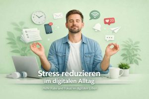 „Ein Mann sitzt entspannt im Schneidersitz an einem Schreibtisch mit Laptop und Kaffeetasse, umgeben von digitalen Symbolen wie Benachrichtigungen und Social-Media-Icons. Der Hintergrund ist hellgrün und beruhigend.