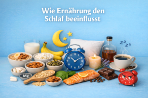 Das Bild zeigt eine ausgewogene Auswahl schlaffördernder und schlafstörender Lebensmittel auf einem ruhigen hellblauen Hintergrund. Links im Bild befinden sich nährstoffreiche Zutaten wie Haferflocken, Bananen, Milch, Nüsse und Magnesiumpräparate – allesamt bekannt dafür, die Melatoninproduktion zu fördern und den Schlaf zu unterstützen.
