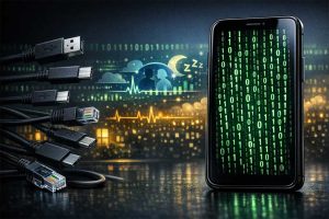 Smartphone mit leuchtendem Binärcode auf dem Display, umgeben von verschiedenen Datenkabeln wie USB-C, Lightning und Ethernet – symbolisiert digitale Vernetzung und KI-Anwendungen im Alltag.