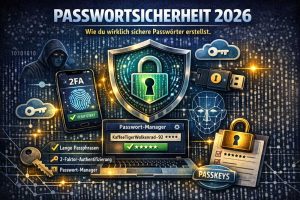 „Illustration zur Passwortsicherheit 2026 mit zentralem Schildsymbol, Smartphone mit 2FA-Verifizierung, Passwortmanager, YubiKey, Gesichtserkennung und Passkeys. Darstellung digitaler Sicherheitsmaßnahmen wie lange Passphrasen, Zwei-Faktor-Authentifizierung und Passwortmanager im Querformat mit futuristischem Design.“